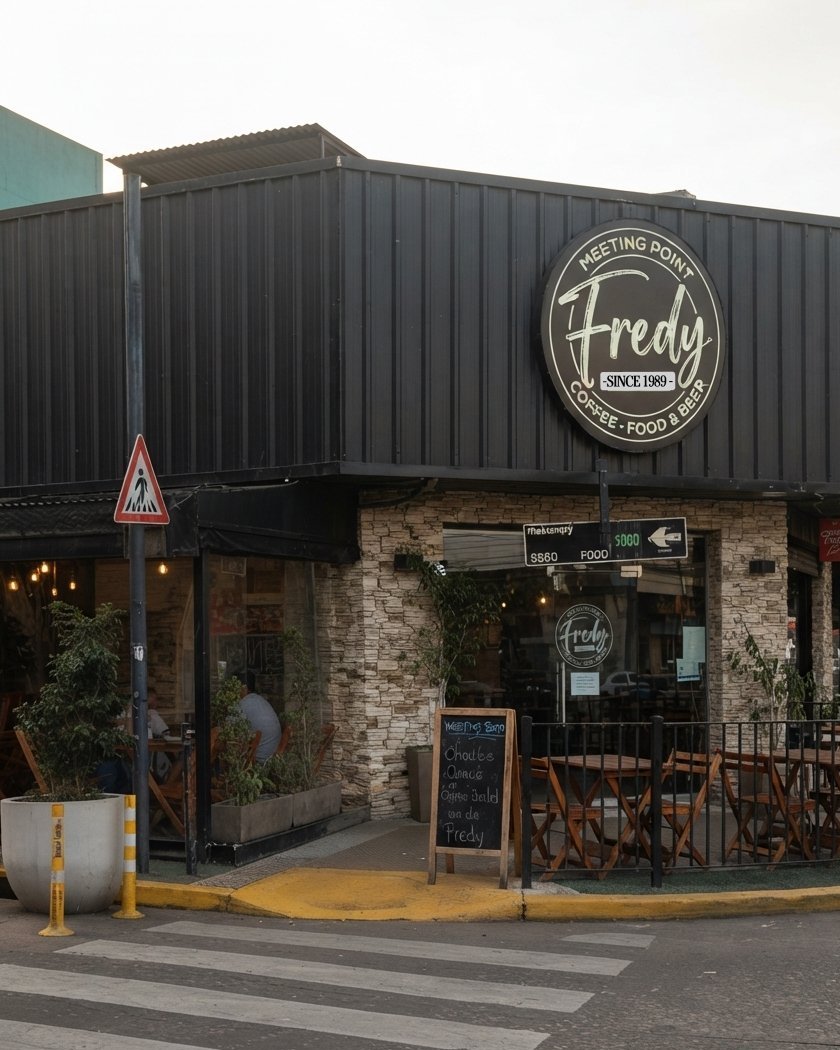 El local de día, en la esquina, con el logo de Fredy en el frente