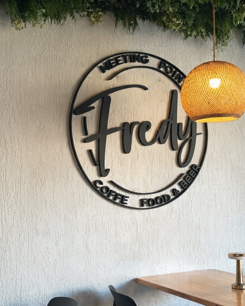 La pared del salón con el logo de Fredy en hierro, una lámpara de mimbre y mesas de madera