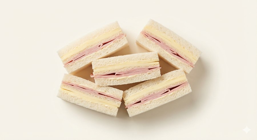 Varios triples de jamón y queso, corte a la vista